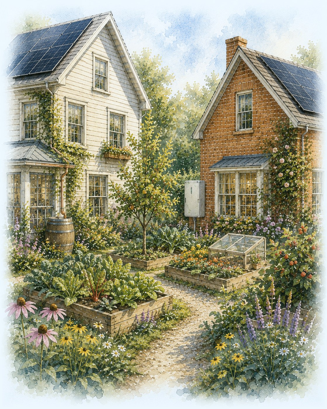 Watercolor side cutaway of resilient Eudora homes: solar roofs above, geothermal loops in the soil, permaculture gardens beside.