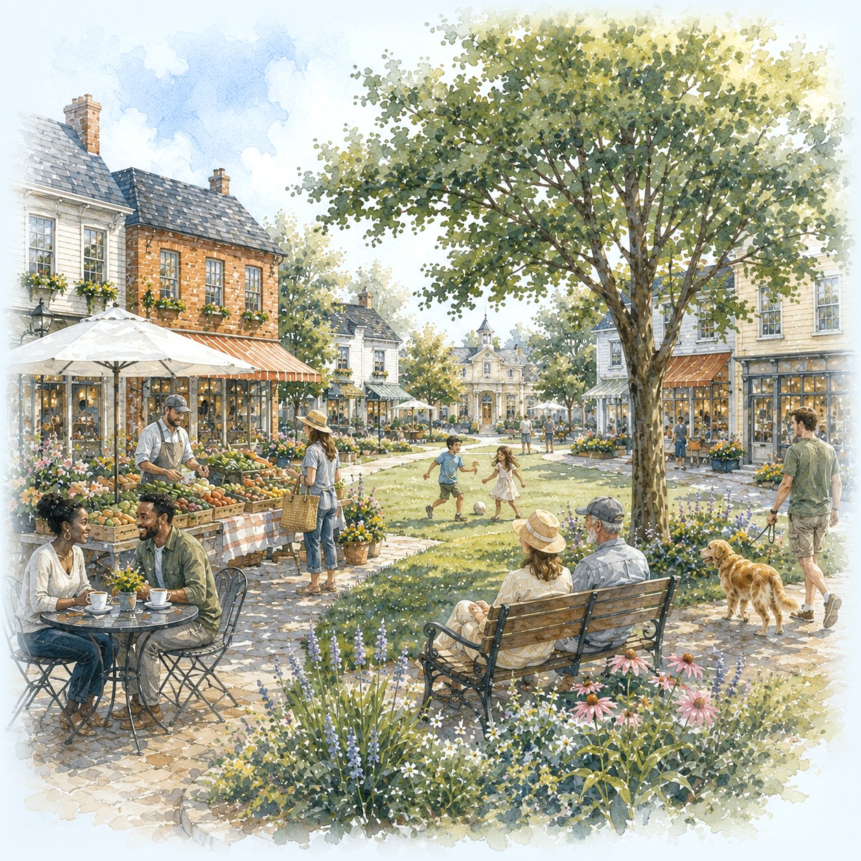 Watercolor of neighbors gathered in an Eudora town center: a market, cafe tables, kids, and daily life.
