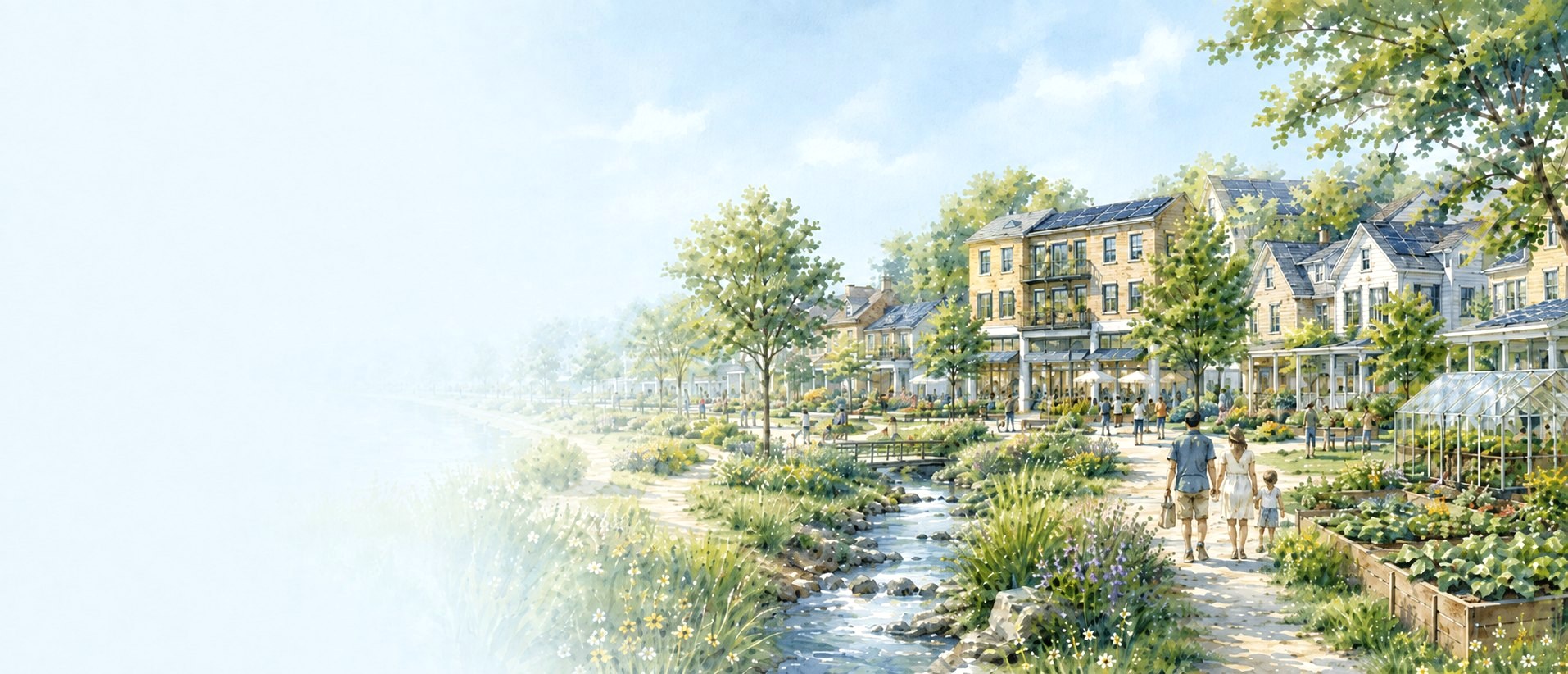 Watercolor of a walkable Eudora village along a stream: shops, homes with solar roofs, gardens, and neighbors on a riverside path.