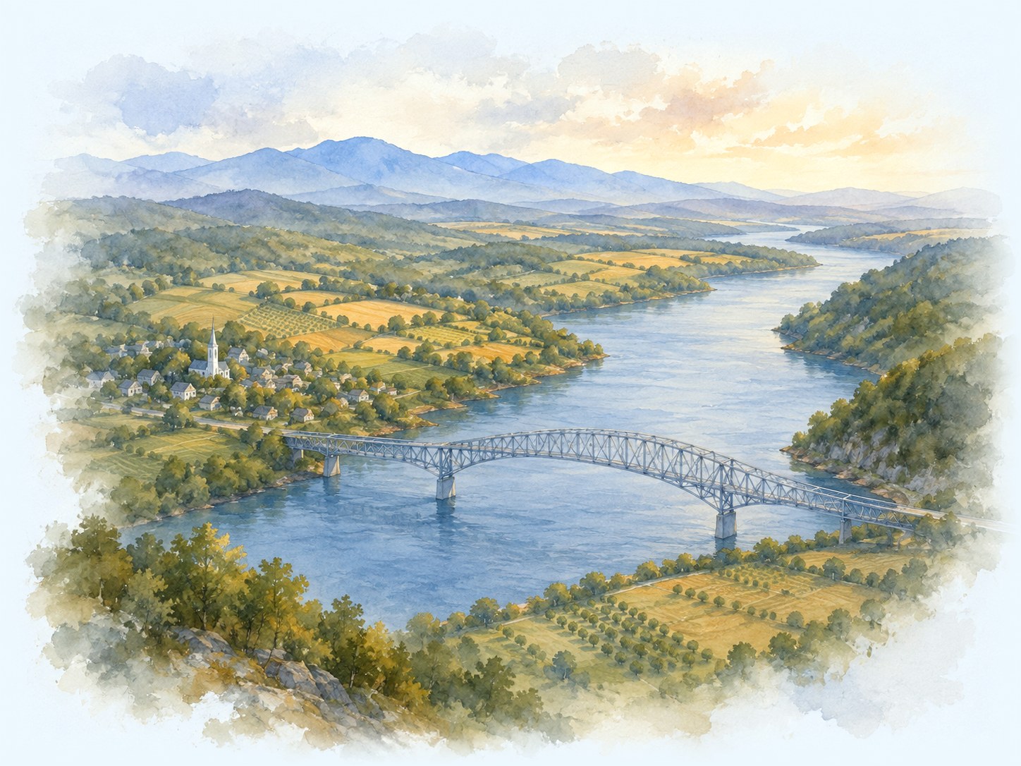 Watercolor of a Hudson Valley landscape: river, ridgelines, and a village in the fold of the hills.