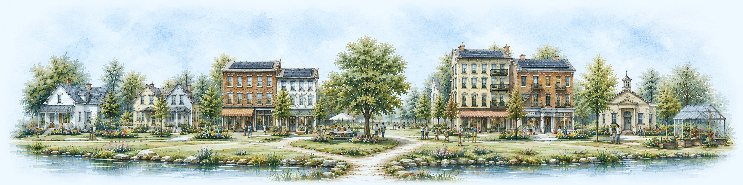 Watercolor side elevation of a complete neighborhood: cottages, rowhouses, mixed-use shopfronts with awnings, a civic hall, and a greenhouse along one street, with neighbors gathered at the central green.